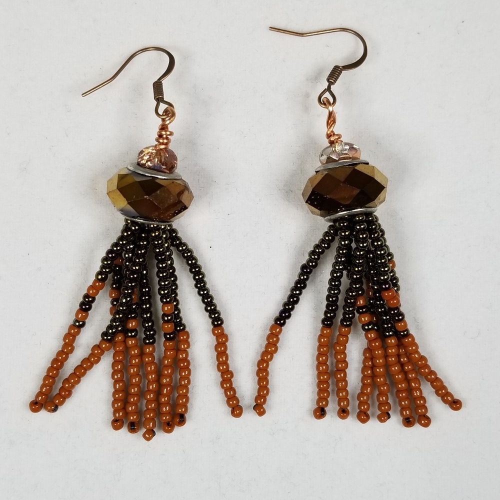 Brass and coffee colored dangle fringe earrings
